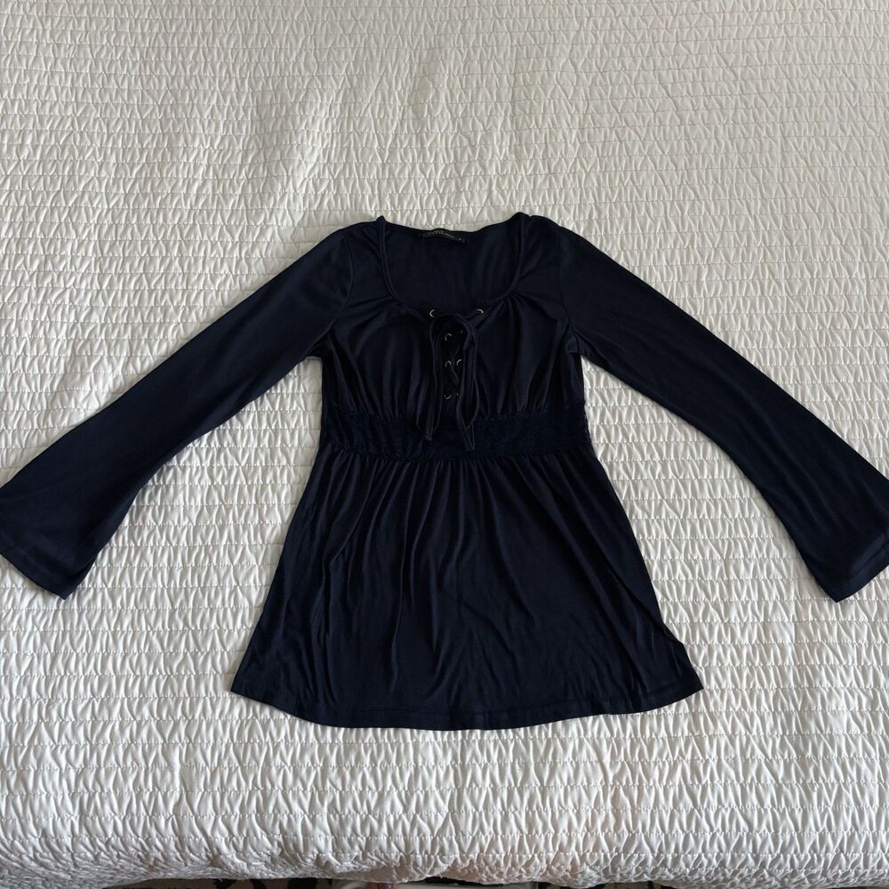 Women’s Blouse Zanzia Collection Navy Blue Lace Up Ruched Waist Babydoll Top